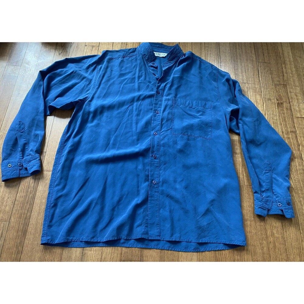 VTG EUC Genelli 100% Silk Shirt Mens XL Blue Band Collar Button Long Sleeve 90s